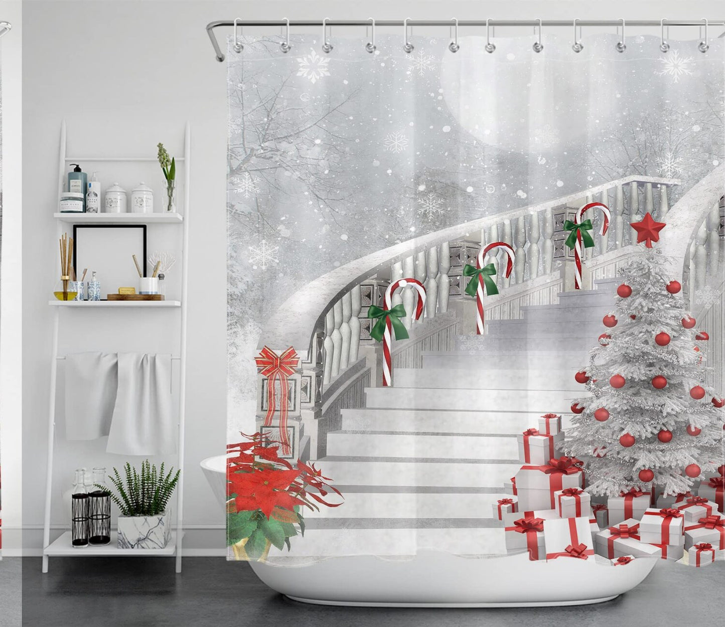 White Night Snow Candy Cane Shower Curtain 72x72 inch