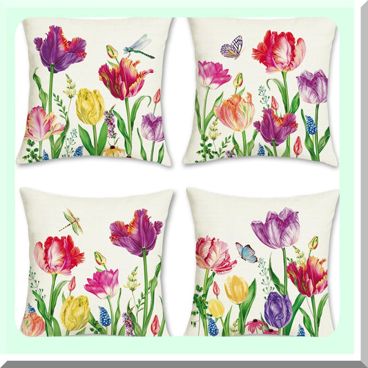 Spring Bloom Farmhouse Pillow Set - 18x18 Inch Floral Cushion Covers (Set of 4) - Colorful Garden Decor for Patio, Sofa, Bed - Polyester Linen Case