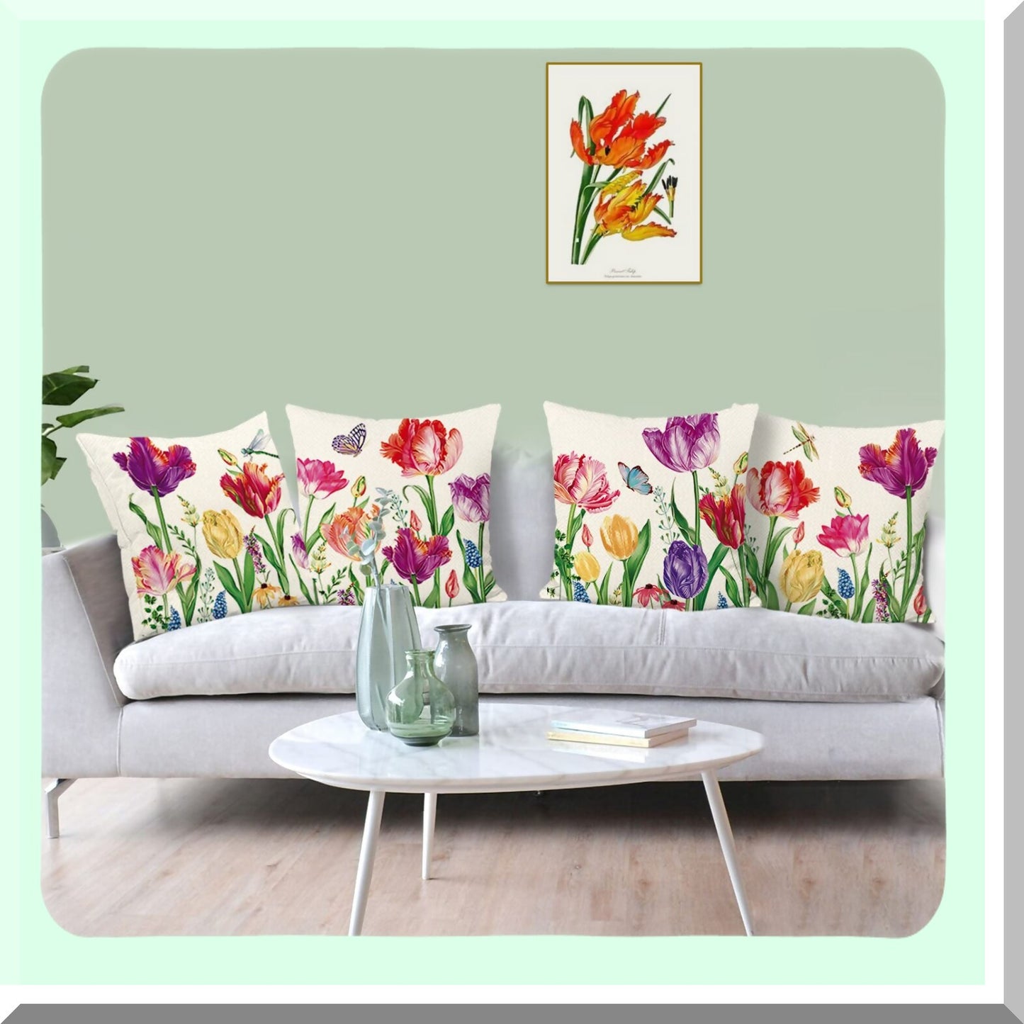 Spring Bloom Farmhouse Pillow Set - 18x18 Inch Floral Cushion Covers (Set of 4) - Colorful Garden Decor for Patio, Sofa, Bed - Polyester Linen Case