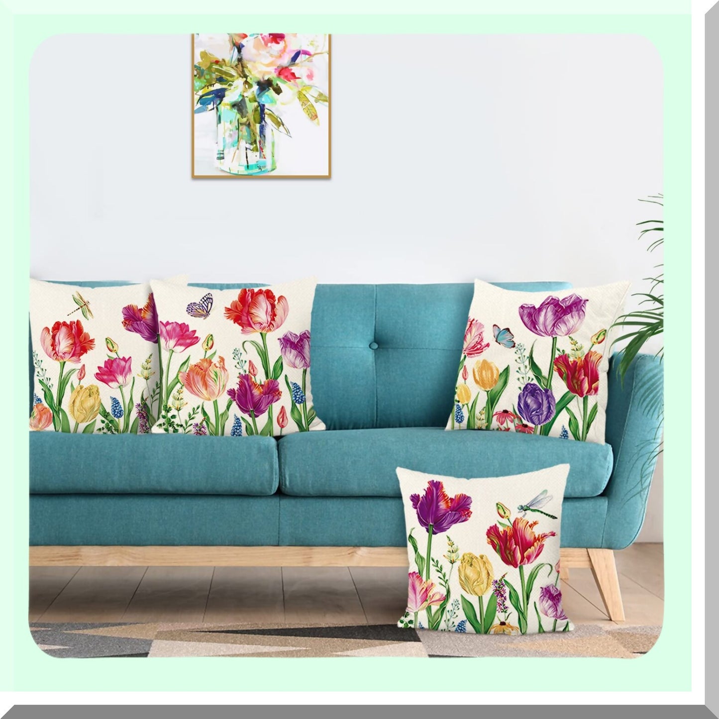 Spring Bloom Farmhouse Pillow Set - 18x18 Inch Floral Cushion Covers (Set of 4) - Colorful Garden Decor for Patio, Sofa, Bed - Polyester Linen Case