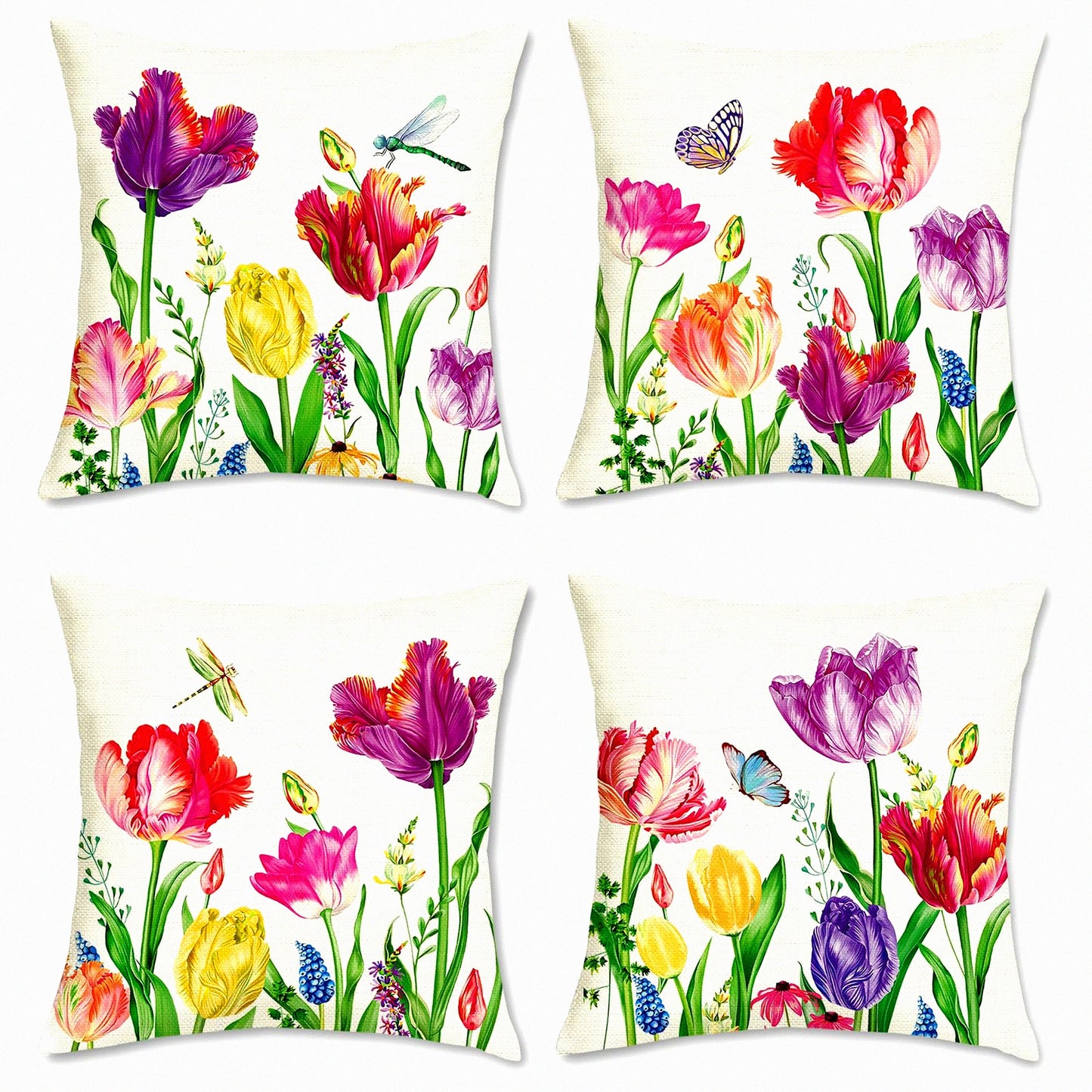 Spring Bloom Farmhouse Pillow Set - 18x18 Inch Floral Cushion Covers (Set of 4) - Colorful Garden Decor for Patio, Sofa, Bed - Polyester Linen Case