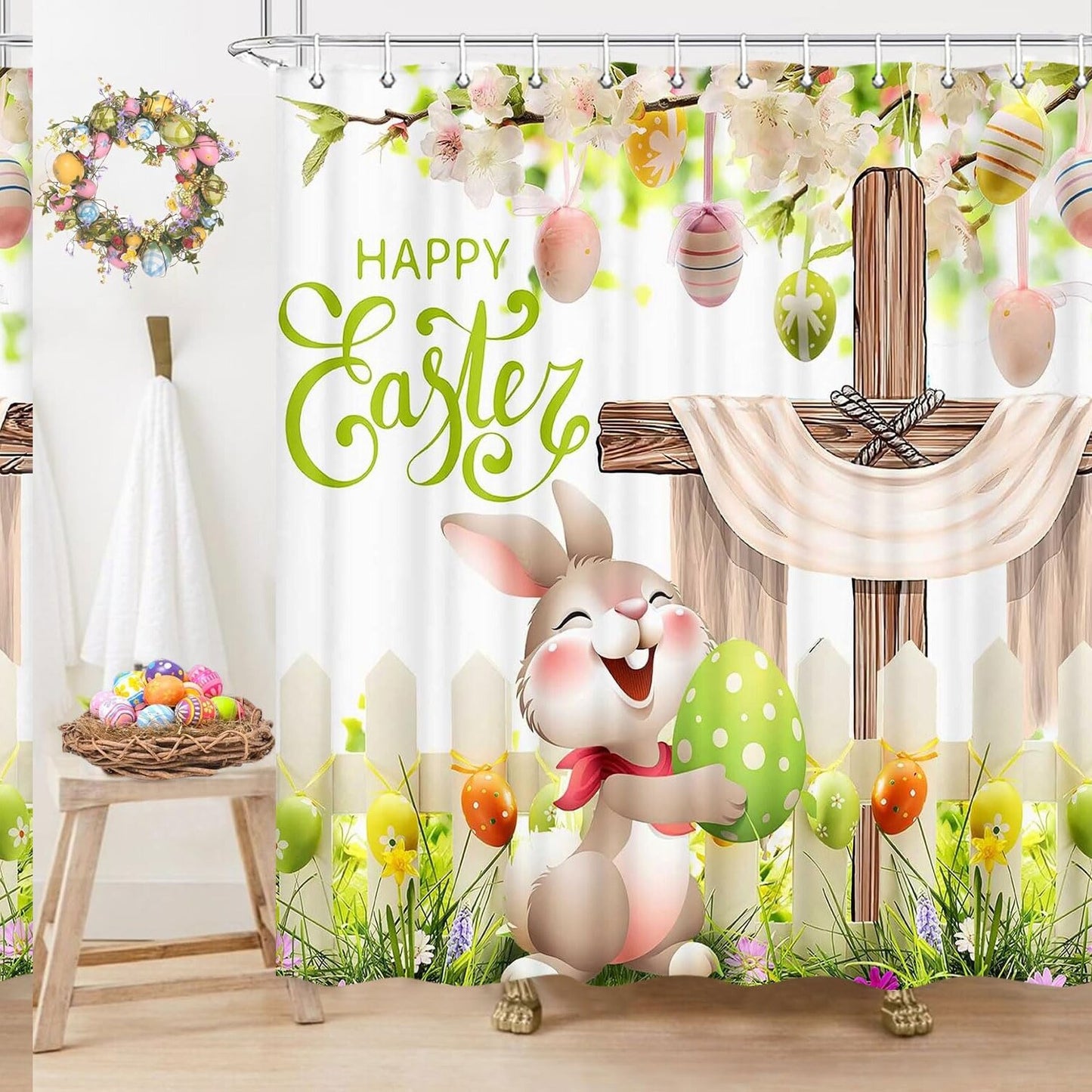 Colorful Eggs and Bunny Shower Curtain Set 70x72 in