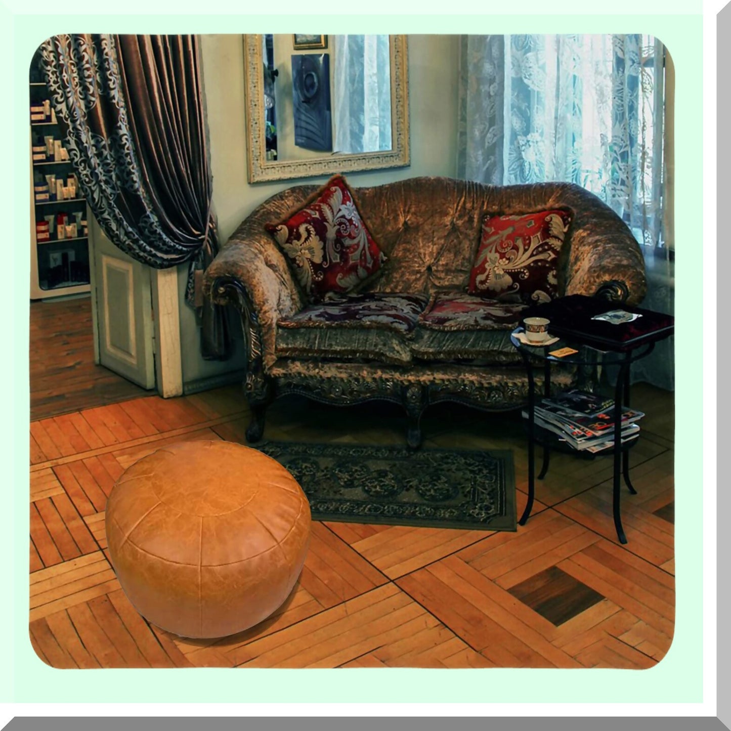 Orange Moroccan Leather Pouf Ottoman Storage Cover - Round 21" Foot Rest for Living Room & Bedroom - Valentines Day Gift for Men & Women