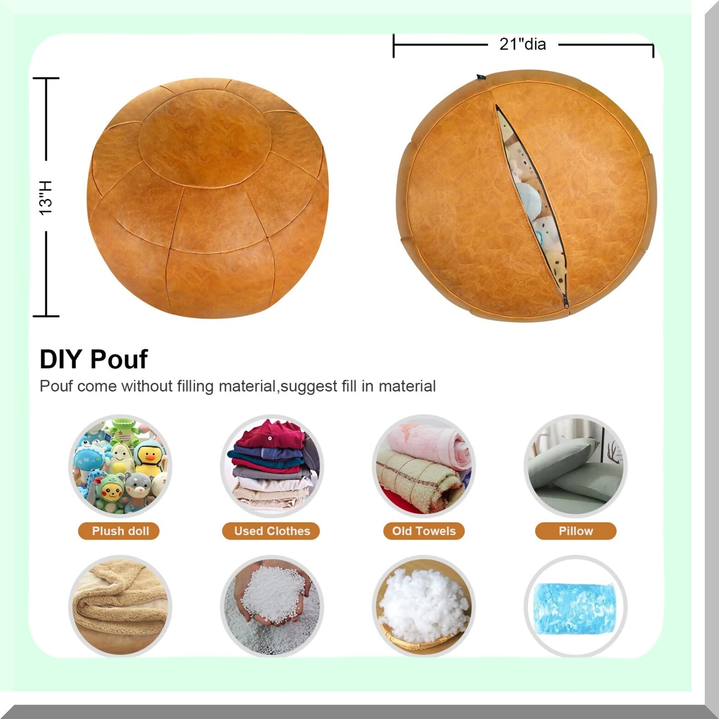 Orange Moroccan Leather Pouf Ottoman Storage Cover - Round 21" Foot Rest for Living Room & Bedroom - Valentines Day Gift for Men & Women