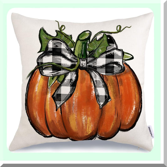 Autumn Harvest Buffalo Plaid Pumpkin Pillow Cover - 20x20 Farmhouse Decorative Throw Pillow for Couch - Thanksgiving Fall Decor - G121-20