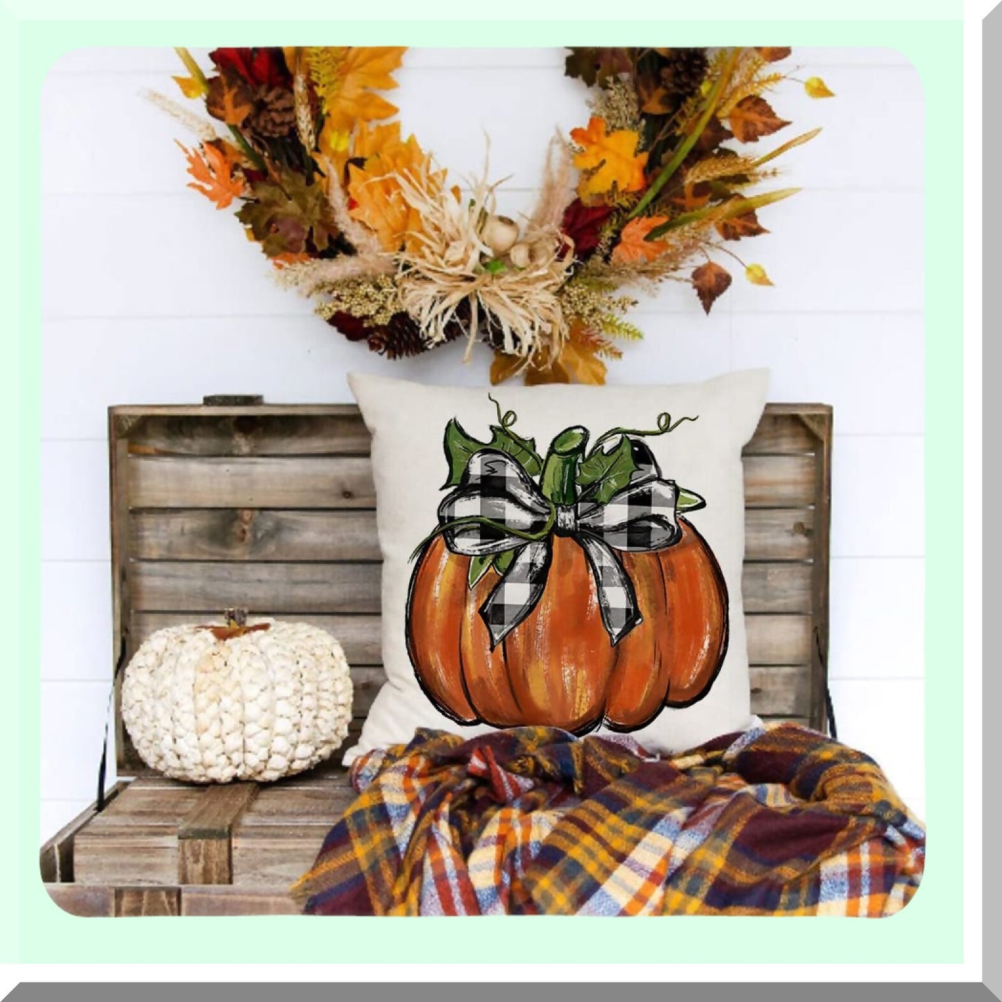 Autumn Harvest Buffalo Plaid Pumpkin Pillow Cover - 20x20 Farmhouse Decorative Throw Pillow for Couch - Thanksgiving Fall Decor - G121-20