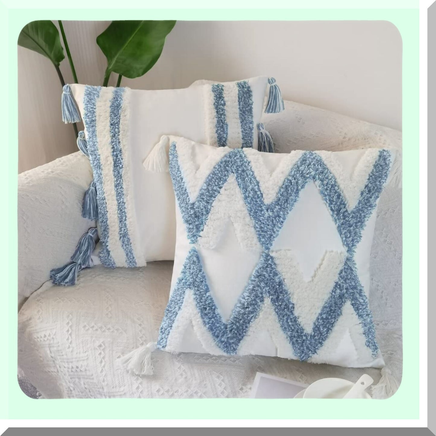 Boho Wave Line Velvet Pillow Covers - Set of 2 (White Blue) - Soft Tufted Decorative Throw Pillowcases for Sofa Couch - Fall Floor Pillows 18"x18"