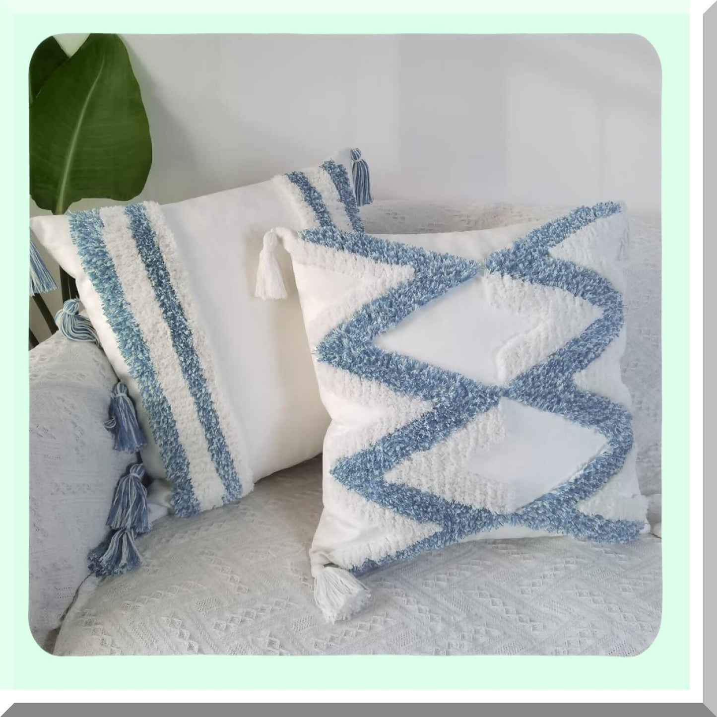 Boho Wave Line Velvet Pillow Covers - Set of 2 (White Blue) - Soft Tufted Decorative Throw Pillowcases for Sofa Couch - Fall Floor Pillows 18"x18"