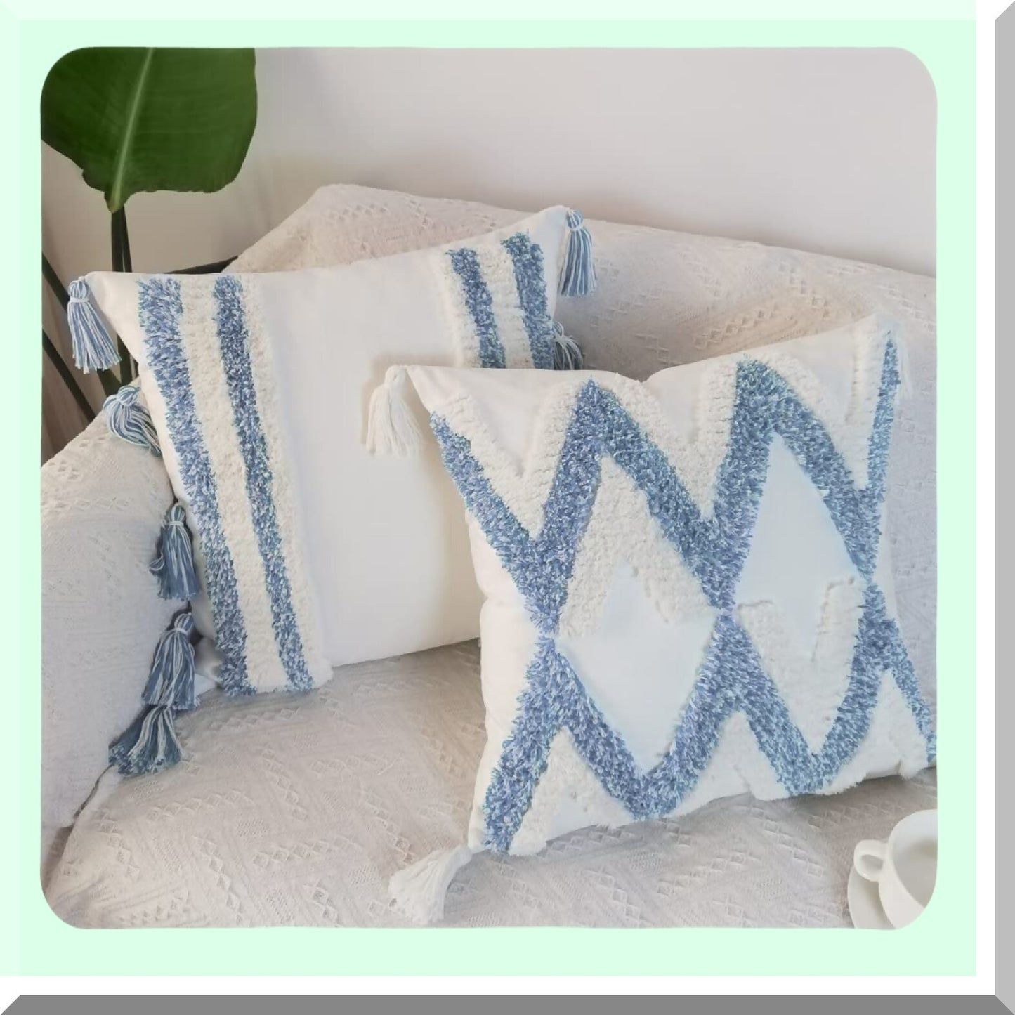 Boho Wave Line Velvet Pillow Covers - Set of 2 (White Blue) - Soft Tufted Decorative Throw Pillowcases for Sofa Couch - Fall Floor Pillows 18"x18"