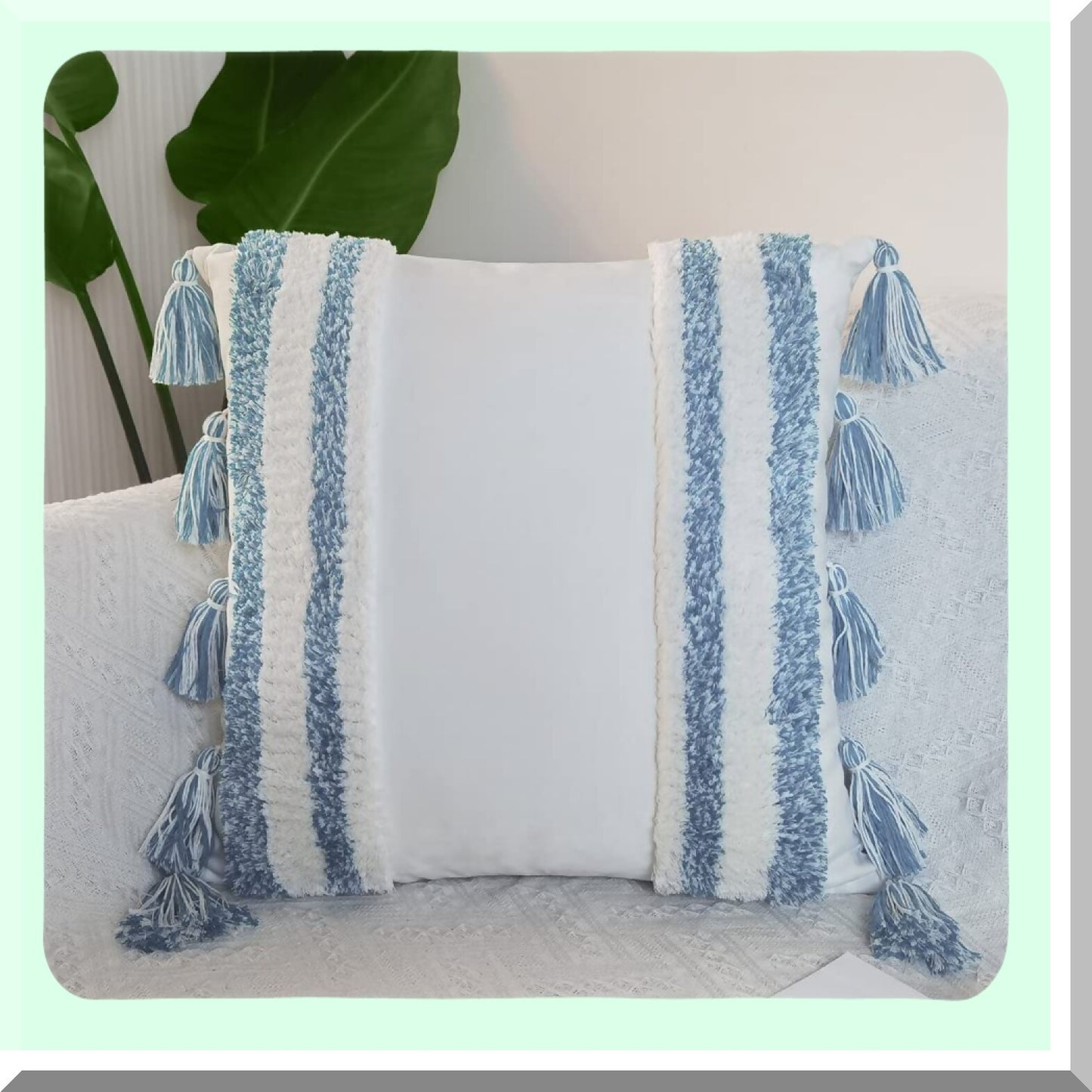 Boho Wave Line Velvet Pillow Covers - Set of 2 (White Blue) - Soft Tufted Decorative Throw Pillowcases for Sofa Couch - Fall Floor Pillows 18"x18"
