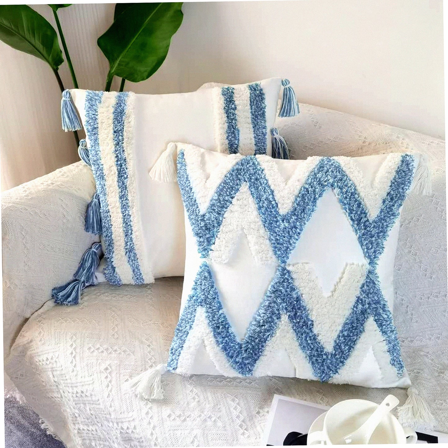 Boho Wave Line Velvet Pillow Covers - Set of 2 (White Blue) - Soft Tufted Decorative Throw Pillowcases for Sofa Couch - Fall Floor Pillows 18"x18"