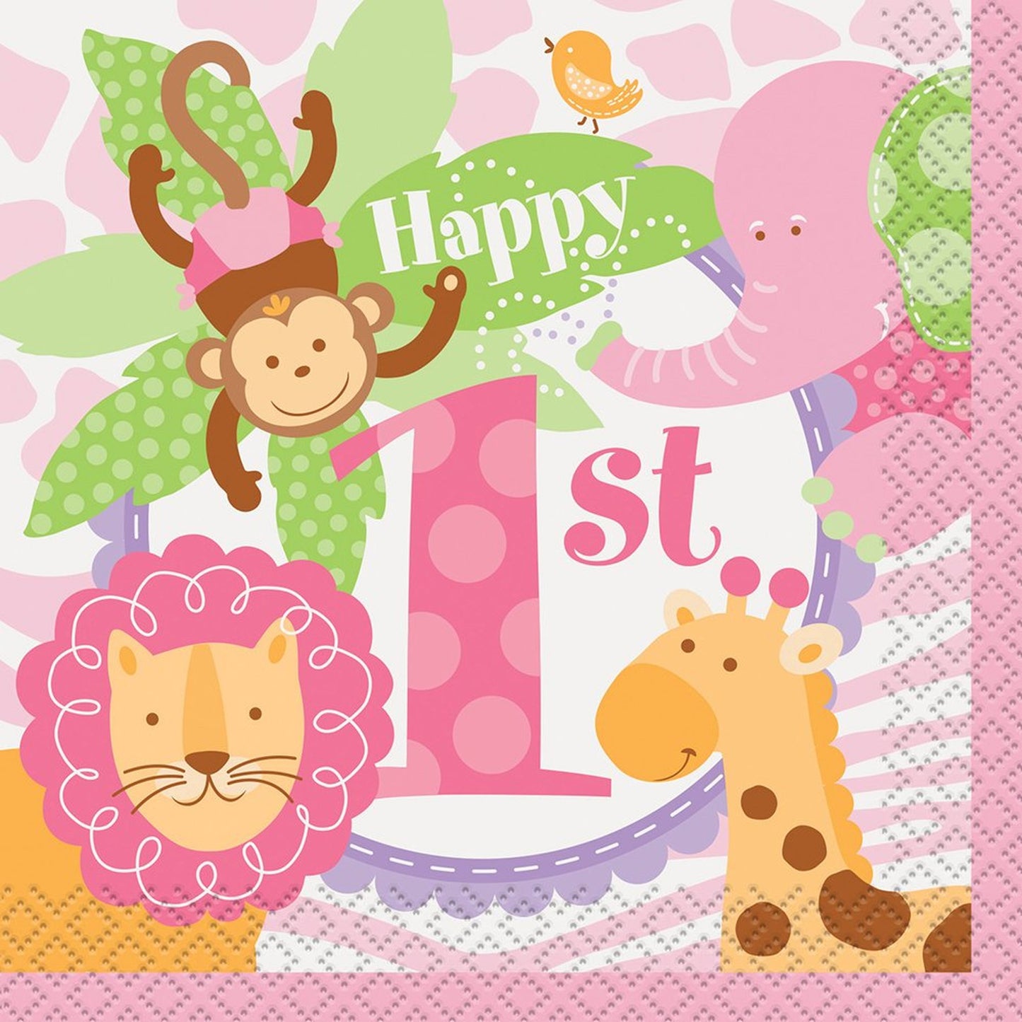 Pink Safari 1st Birthday Beverage Napkins for Jungle Party