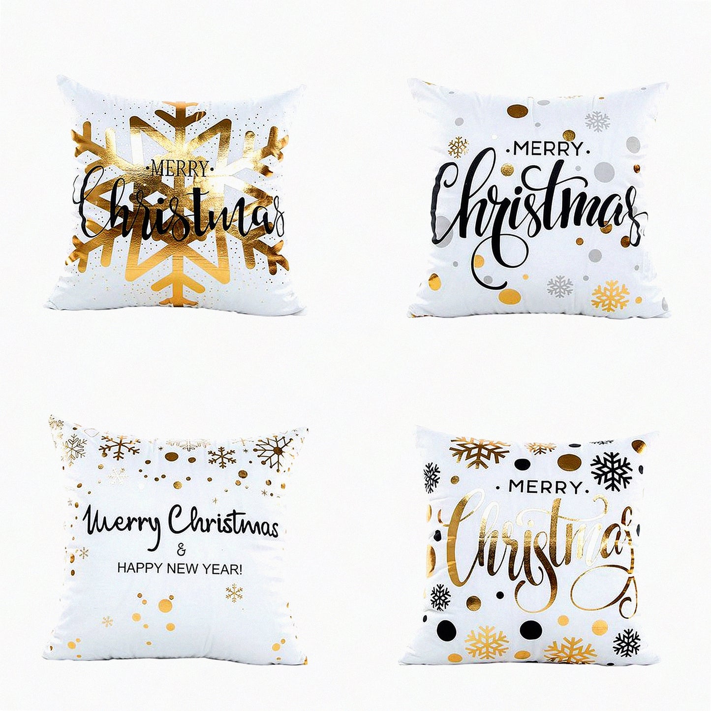 Gold Snowflake Merry Pillow Covers - 4 Pack 18x18 Inch Decorative Sofa Throw Cushion Cases with Stamping Print, Polyester Fabric