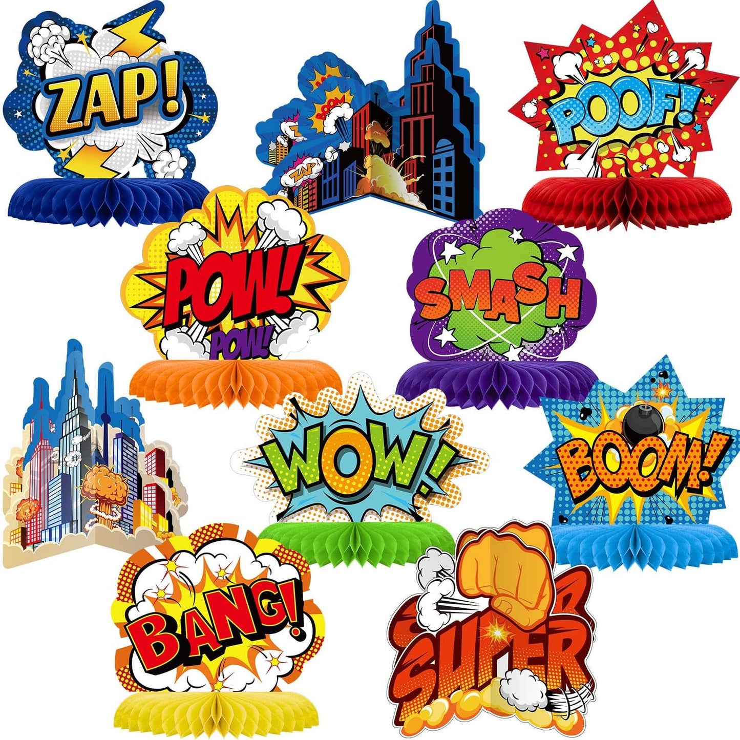 Action Hero Party Centerpieces - Set of 10 Honeycomb Table Toppers & Standing Cards for Birthday & Baby Shower Decorations. Add a touch of adventure to your celebration!