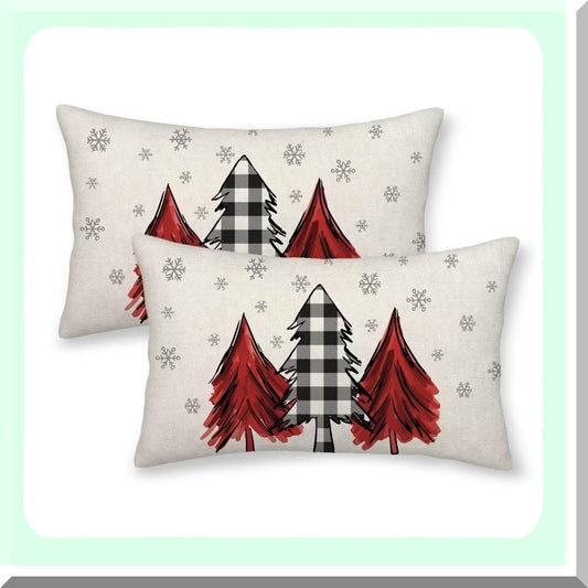 Winter Wonderland Plaid Pillow Covers - Set of 2 12X20 Inch Christmas Tree Decorative Throw Cushion Cases for Farmhouse Home Sofa