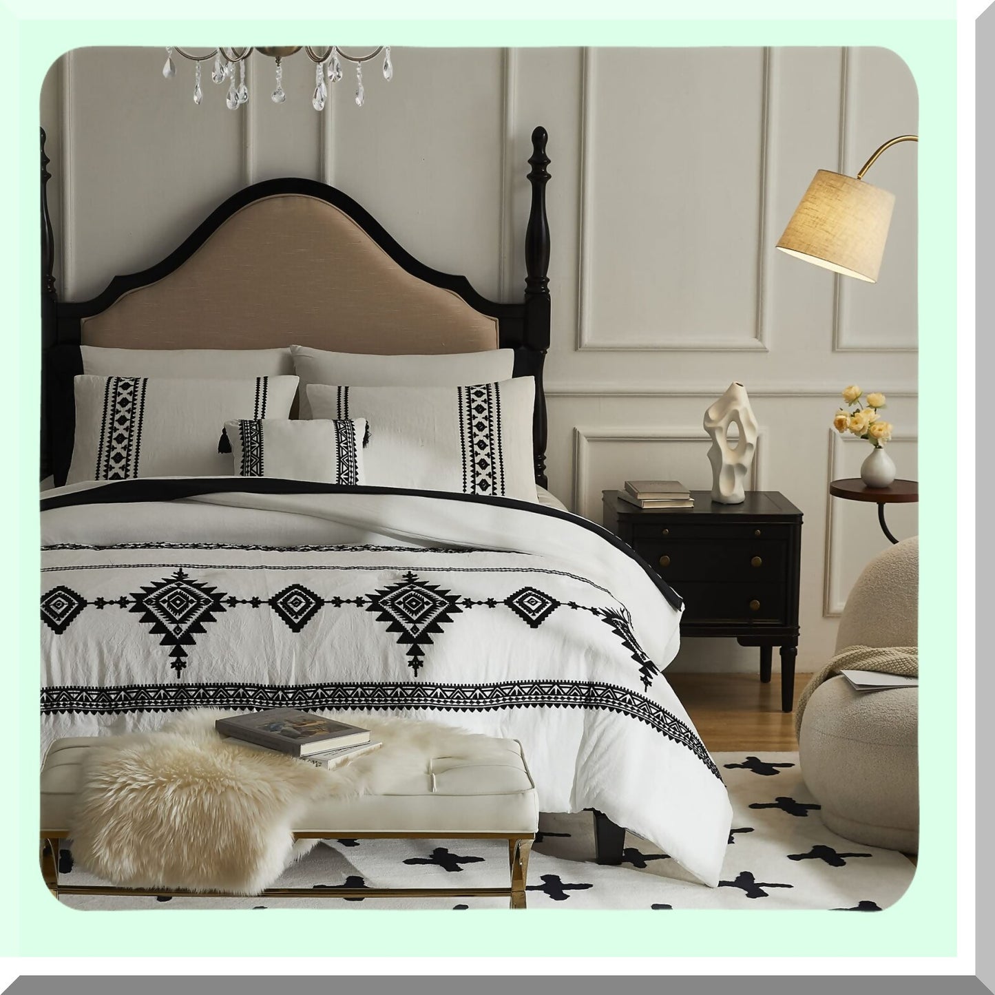 Boho Farmhouse Queen Comforter Set - 8 Piece Embroidered Bedding Bundle with Sheets, Comforter, and Decorative Pillow - White Queen Size 90"X90"