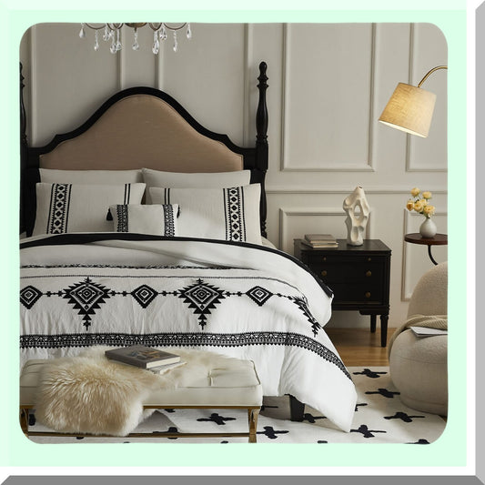 Boho Farmhouse Queen Comforter Set - 8 Piece Embroidered Bedding Bundle with Sheets, Comforter, and Decorative Pillow - White Queen Size 90"X90"