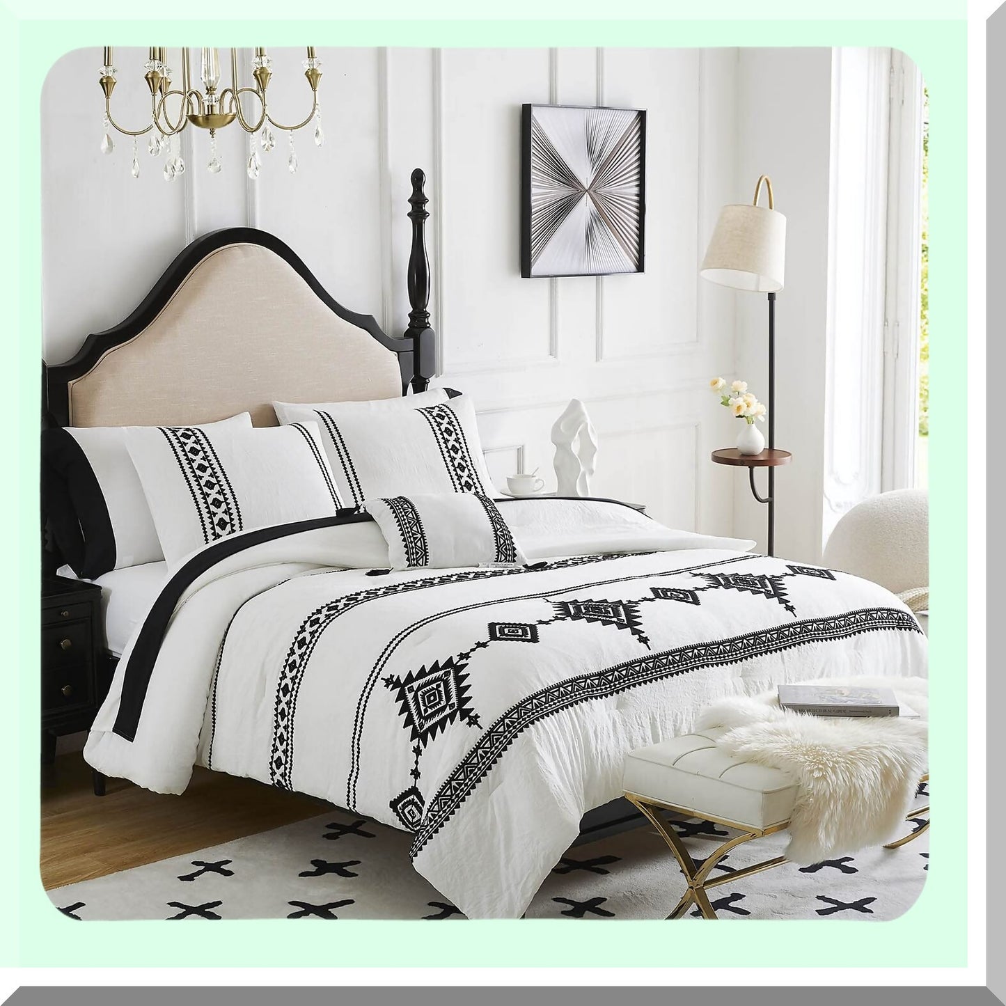 Boho Farmhouse Queen Comforter Set - 8 Piece Embroidered Bedding Bundle with Sheets, Comforter, and Decorative Pillow - White Queen Size 90"X90"