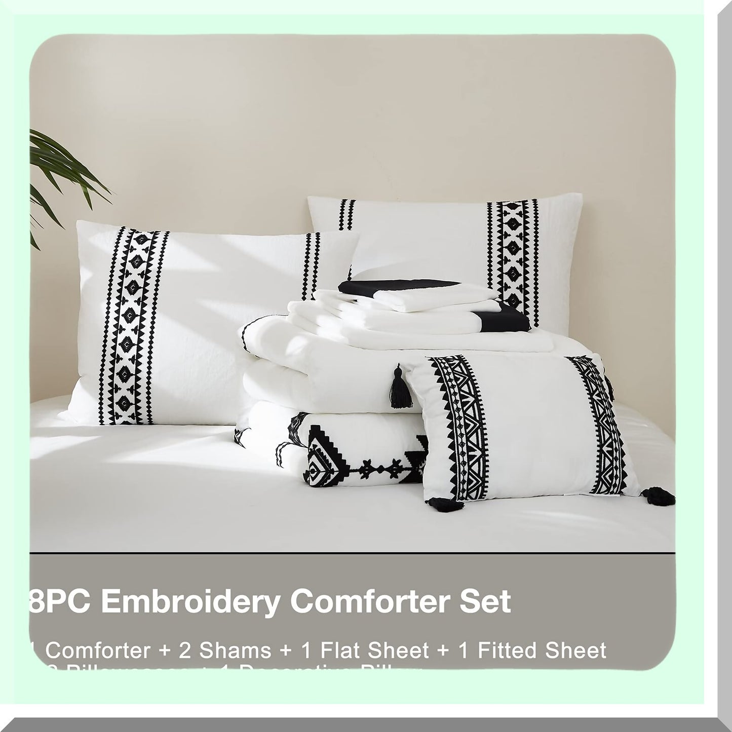 Boho Farmhouse Queen Comforter Set - 8 Piece Embroidered Bedding Bundle with Sheets, Comforter, and Decorative Pillow - White Queen Size 90"X90"