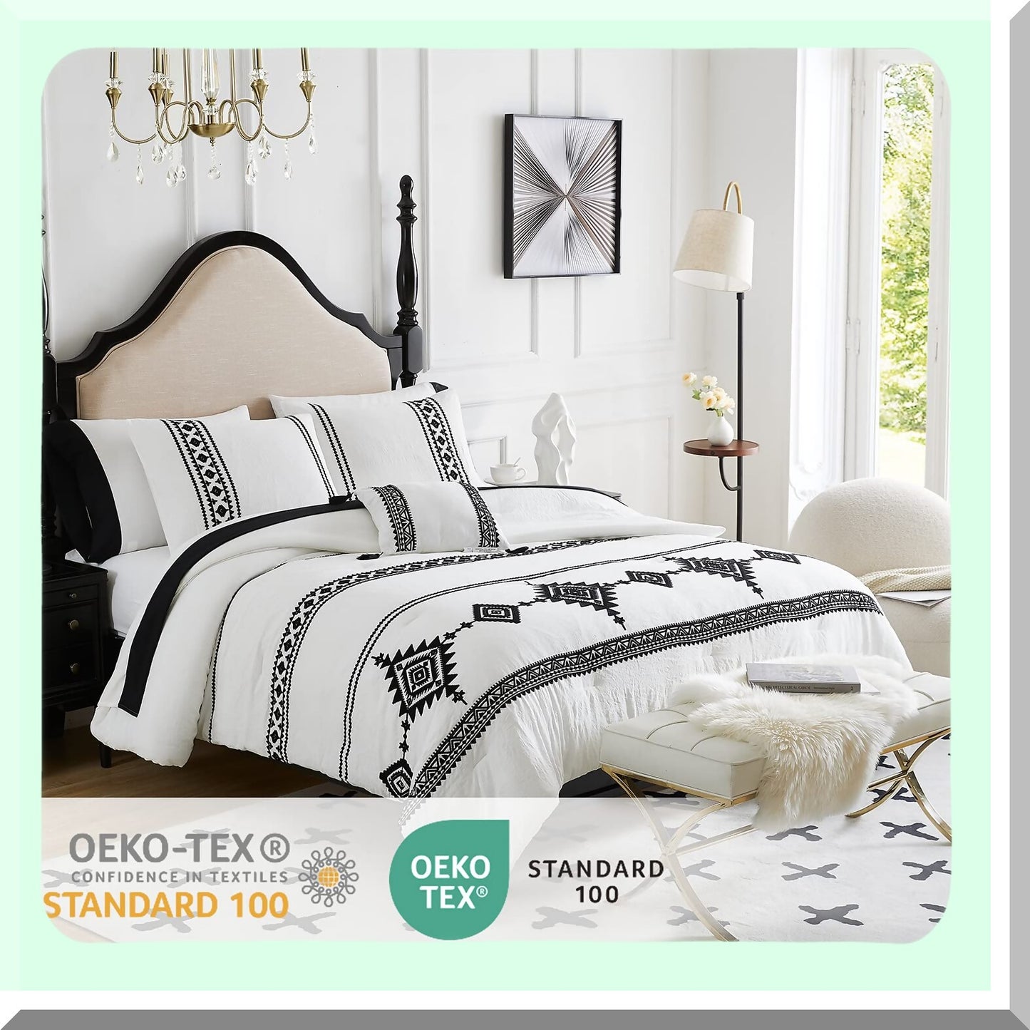 Boho Farmhouse Queen Comforter Set - 8 Piece Embroidered Bedding Bundle with Sheets, Comforter, and Decorative Pillow - White Queen Size 90"X90"
