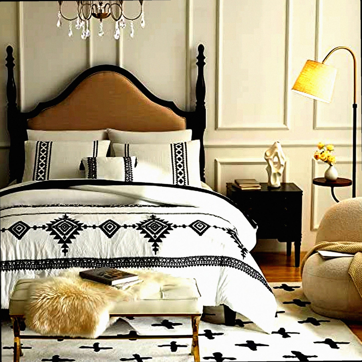 Boho Farmhouse Queen Comforter Set - 8 Piece Embroidered Bedding Bundle with Sheets, Comforter, and Decorative Pillow - White Queen Size 90"X90"