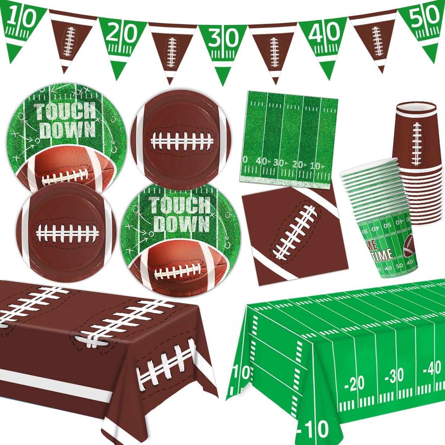 Touchdown Tailgate Party Pack - Football Birthday Decor Set for 24 Guests. Includes Plates, Napkins, Tablecloth, and Banner. Perfect for Gameday!