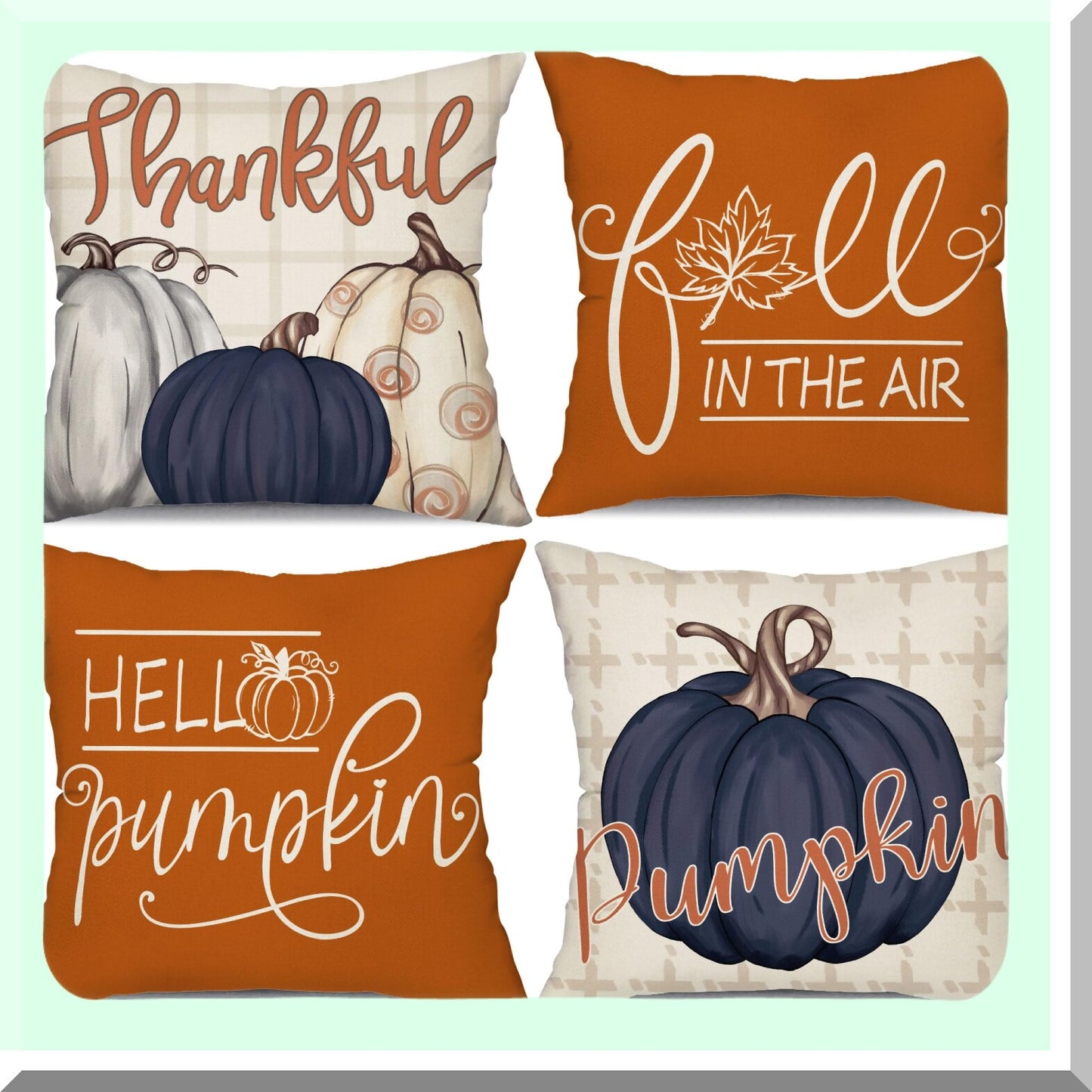 Autumn Harvest Buffalo Plaid Pillow Covers - Set of 4 Blue Pumpkin Throw Pillow Cases for Fall Decor, 18x18 Inch Thanksgiving Cushion Covers