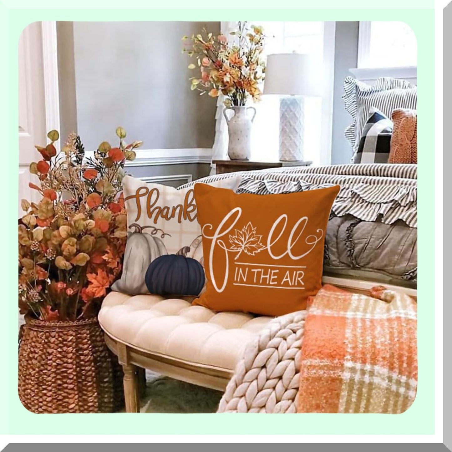 Autumn Harvest Buffalo Plaid Pillow Covers - Set of 4 Blue Pumpkin Throw Pillow Cases for Fall Decor, 18x18 Inch Thanksgiving Cushion Covers