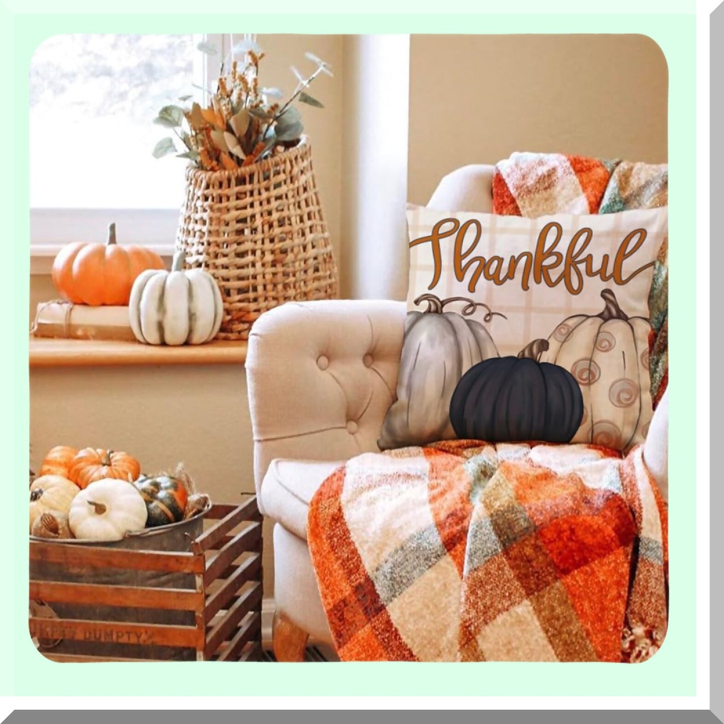 Autumn Harvest Buffalo Plaid Pillow Covers - Set of 4 Blue Pumpkin Throw Pillow Cases for Fall Decor, 18x18 Inch Thanksgiving Cushion Covers