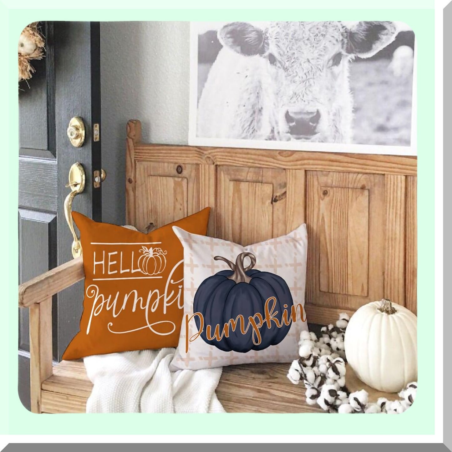 Autumn Harvest Buffalo Plaid Pillow Covers - Set of 4 Blue Pumpkin Throw Pillow Cases for Fall Decor, 18x18 Inch Thanksgiving Cushion Covers