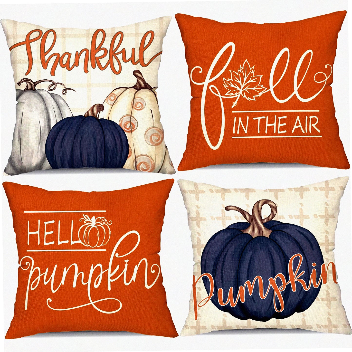 Autumn Harvest Buffalo Plaid Pillow Covers - Set of 4 Blue Pumpkin Throw Pillow Cases for Fall Decor, 18x18 Inch Thanksgiving Cushion Covers