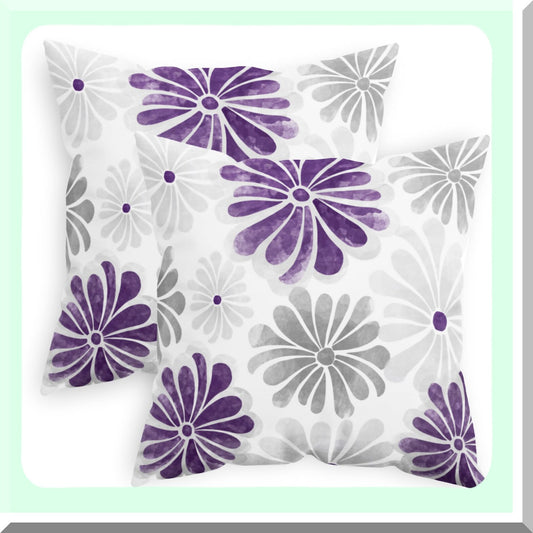 Blooming Flowers Fleece Pillowcase Set - Cozy Two-Tone Cushion Covers for Couch & Bed - Farmhouse Decorative Throw Pillow Covers - 18x18 Purple Grey