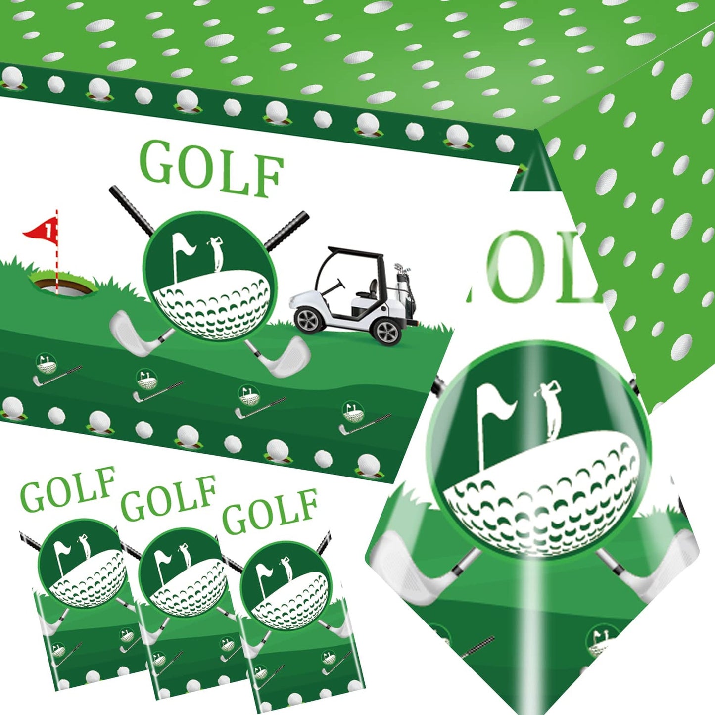 Golf Theme Tablecloths - Set of 3 Waterproof Rectangle Table Covers for Golf Birthday Party Decorations and Supplies