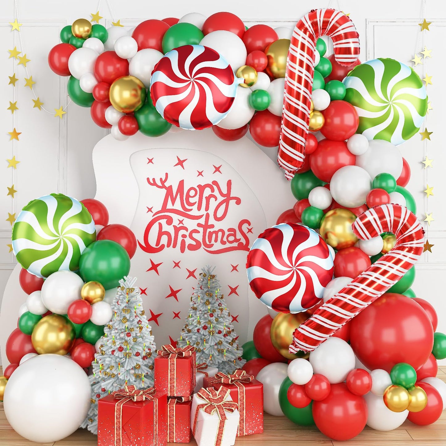 Winter Wonderland Balloon Arch Kit - Festive Red Gold White Latex Balloons with Candy Cane, Windmill, and Crutch Decorations for Xmas Party