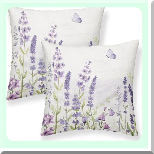Lavender Fields Decorative Pillow Set - 16x16 Inch Watercolor Floral Cushion Covers for Farmhouse Home Decor, Purple Flowers Throw Pillow Covers for Sofa Couch Outdoor Use