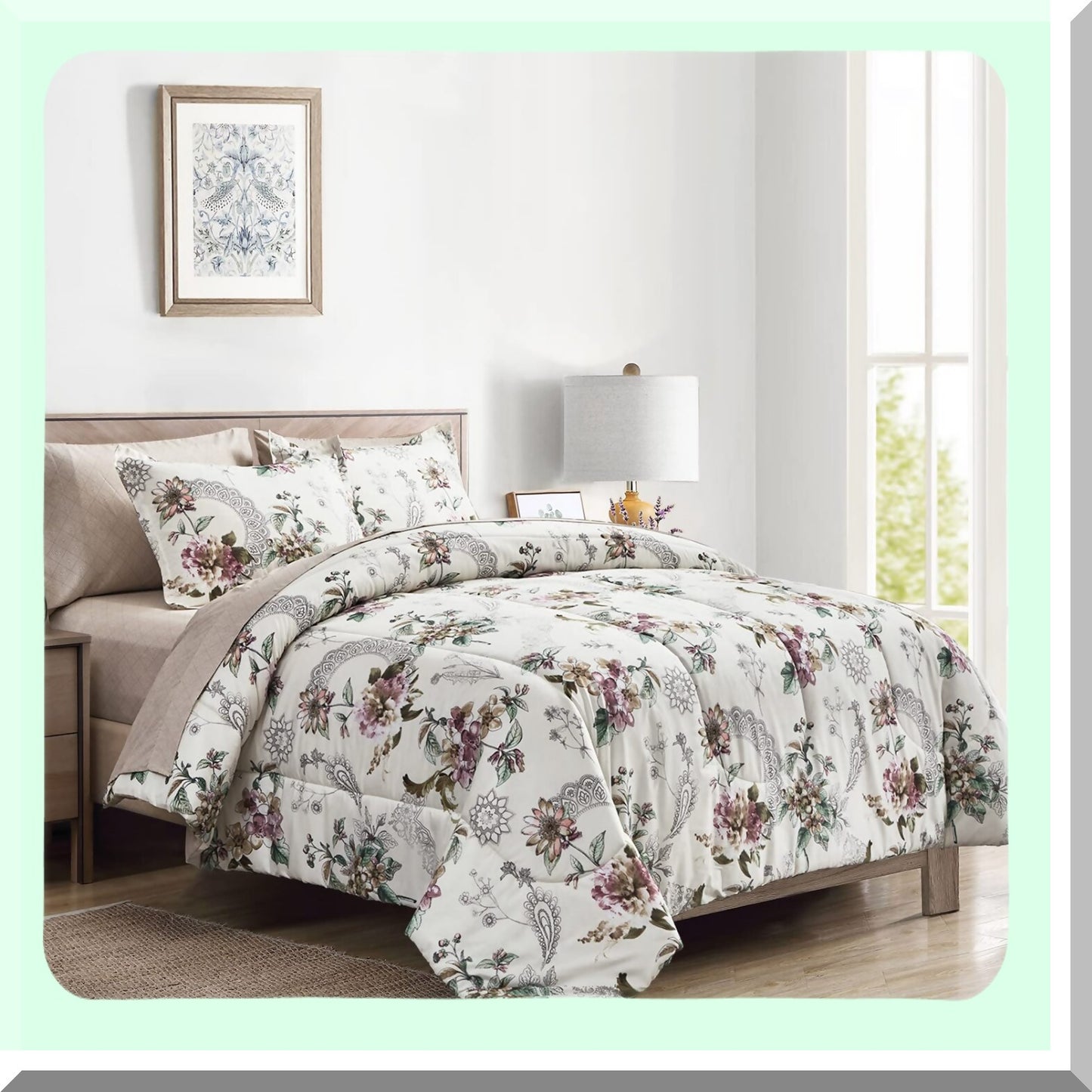 Floral Bliss 7-Piece Queen Bedding Set - Soft Microfiber Comforter Set with Sheets for All Seasons - Beige Floral Design - Includes Comforter, Shams, Sheets, Pillowcases