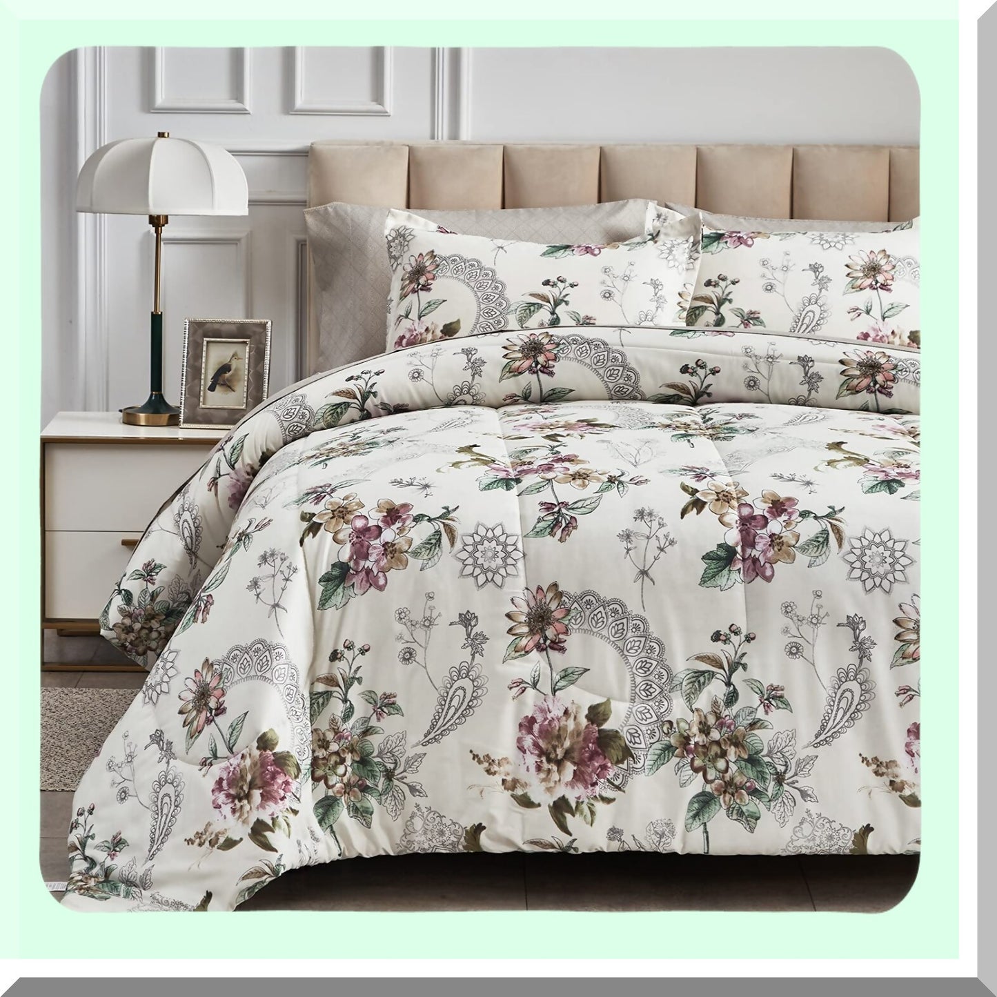 Floral Bliss 7-Piece Queen Bedding Set - Soft Microfiber Comforter Set with Sheets for All Seasons - Beige Floral Design - Includes Comforter, Shams, Sheets, Pillowcases