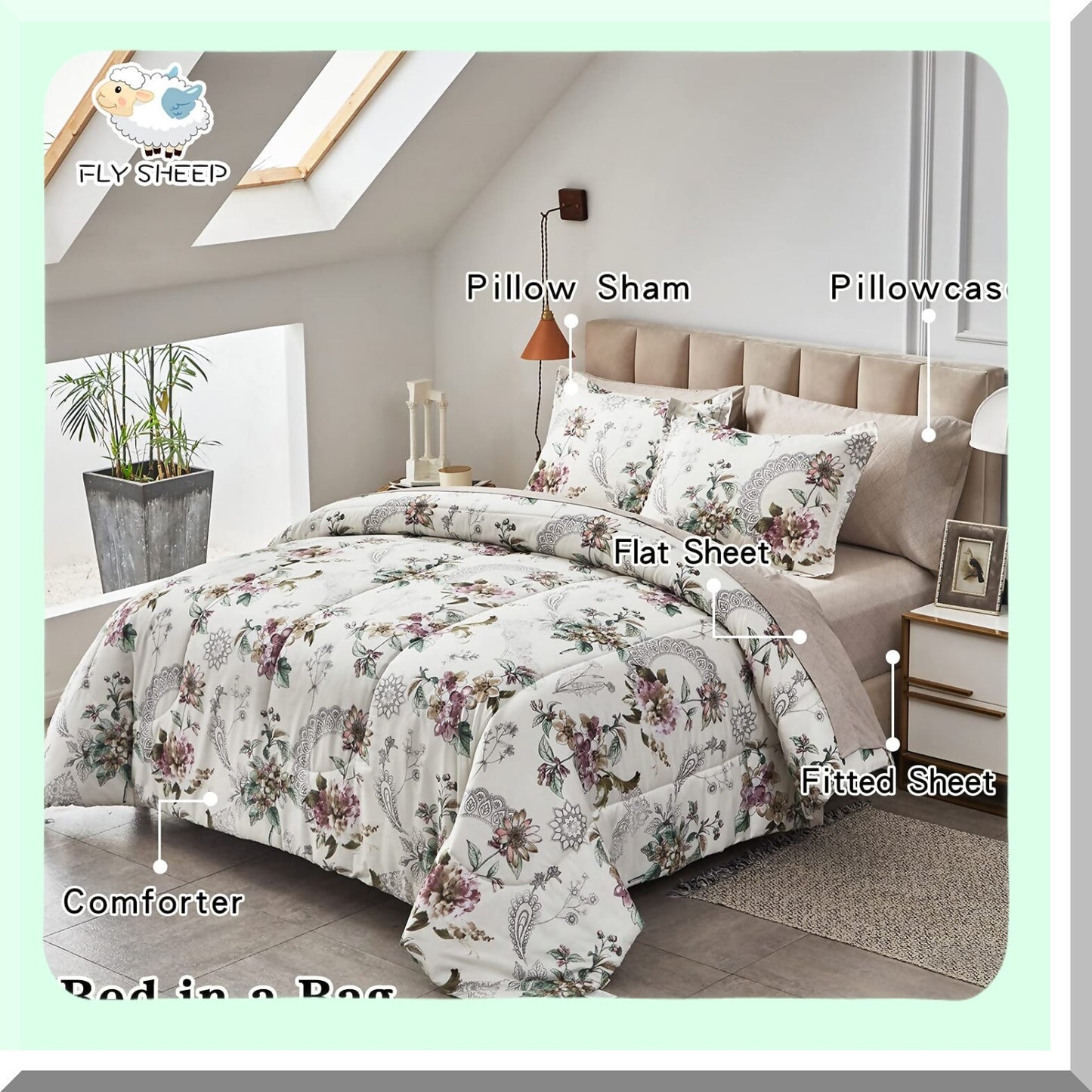 Floral Bliss 7-Piece Queen Bedding Set - Soft Microfiber Comforter Set with Sheets for All Seasons - Beige Floral Design - Includes Comforter, Shams, Sheets, Pillowcases
