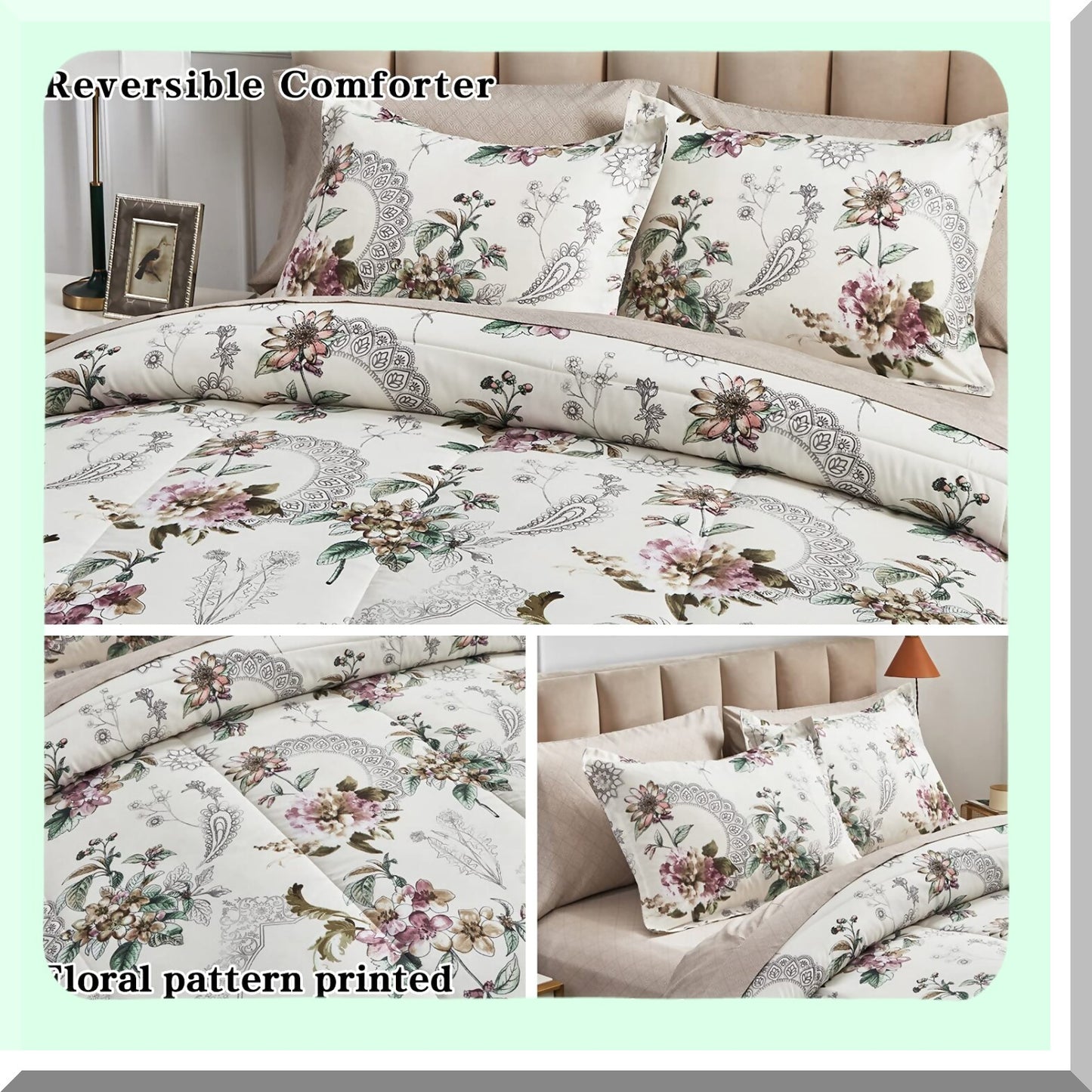 Floral Bliss 7-Piece Queen Bedding Set - Soft Microfiber Comforter Set with Sheets for All Seasons - Beige Floral Design - Includes Comforter, Shams, Sheets, Pillowcases