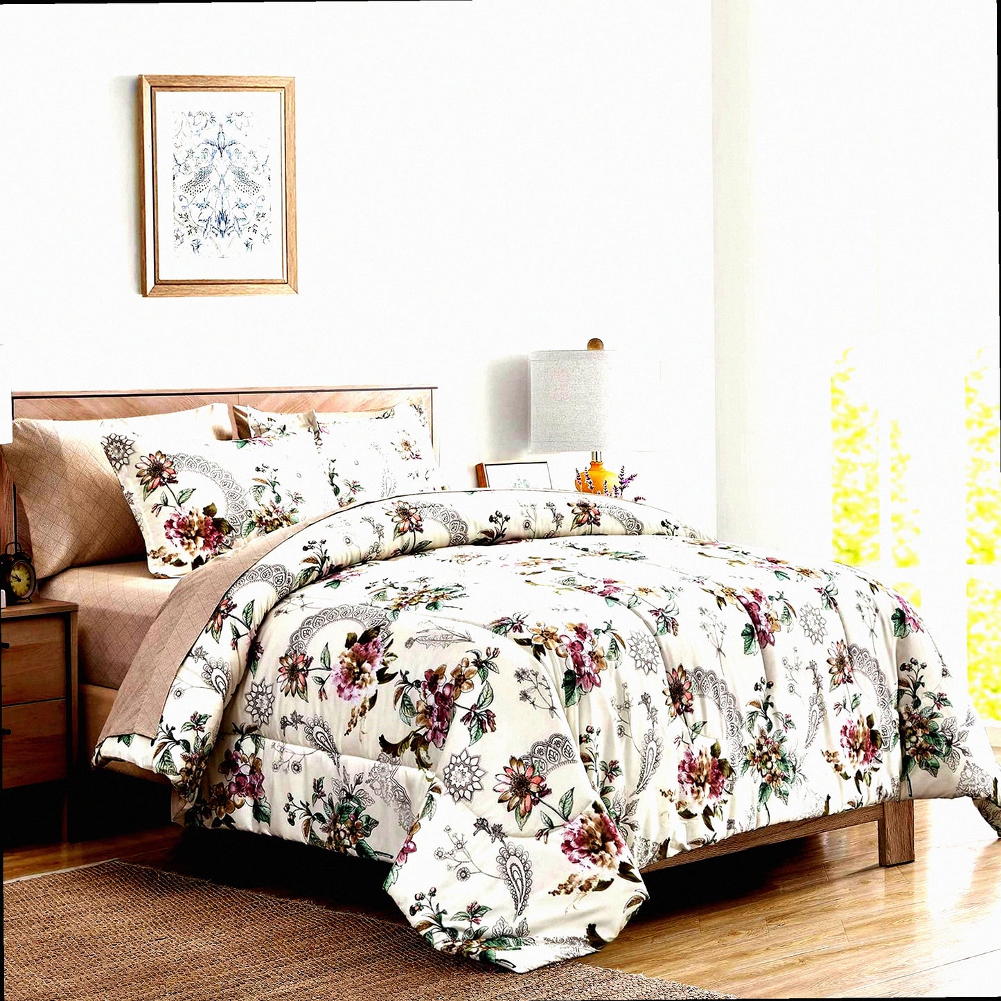 Floral Bliss 7-Piece Queen Bedding Set - Soft Microfiber Comforter Set with Sheets for All Seasons - Beige Floral Design - Includes Comforter, Shams, Sheets, Pillowcases