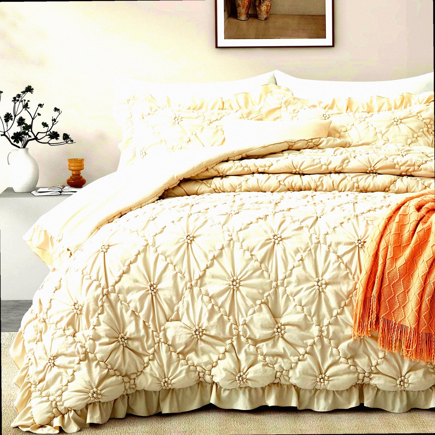 Boho Chic Pleated Comforter Set - 3 Piece Bedding Bundle with Ruffled Shams - All Season Bohemian Bed in a Bag - Beige King Size 102"88"