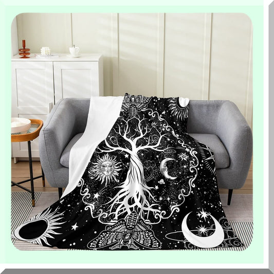 Celestial Dreams All-Season Fleece Blanket - Tree of Life, Gothic Moth, Sugar Skull, Trippy Stars, Bohemian Constellations Flannel Throw