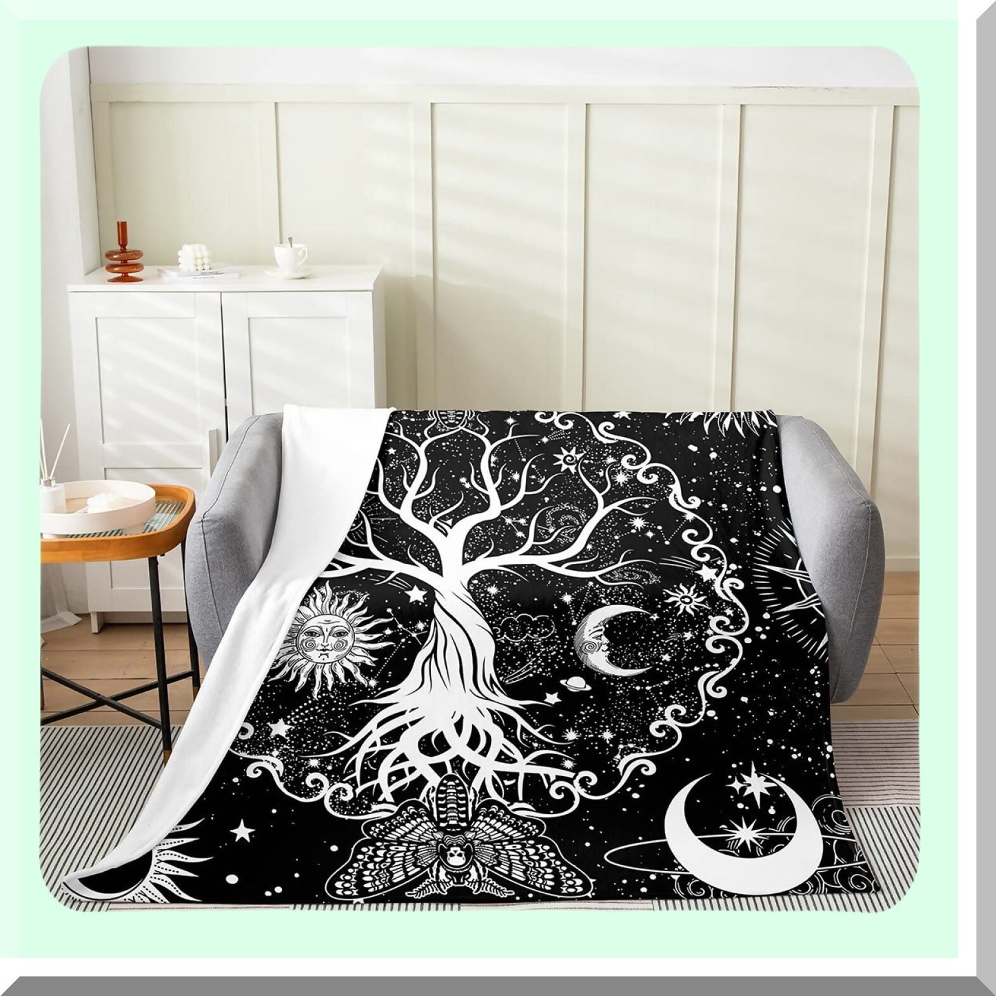 Celestial Dreams All-Season Fleece Blanket - Tree of Life, Gothic Moth, Sugar Skull, Trippy Stars, Bohemian Constellations Flannel Throw