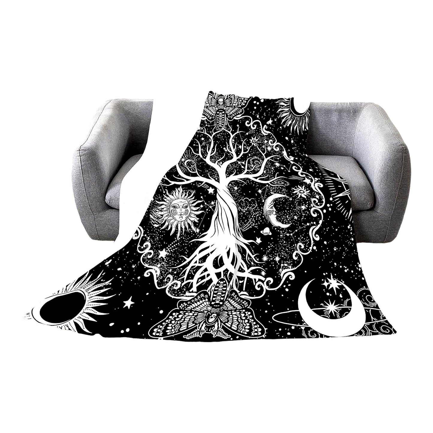 Celestial Dreams All-Season Fleece Blanket - Tree of Life, Gothic Moth, Sugar Skull, Trippy Stars, Bohemian Constellations Flannel Throw