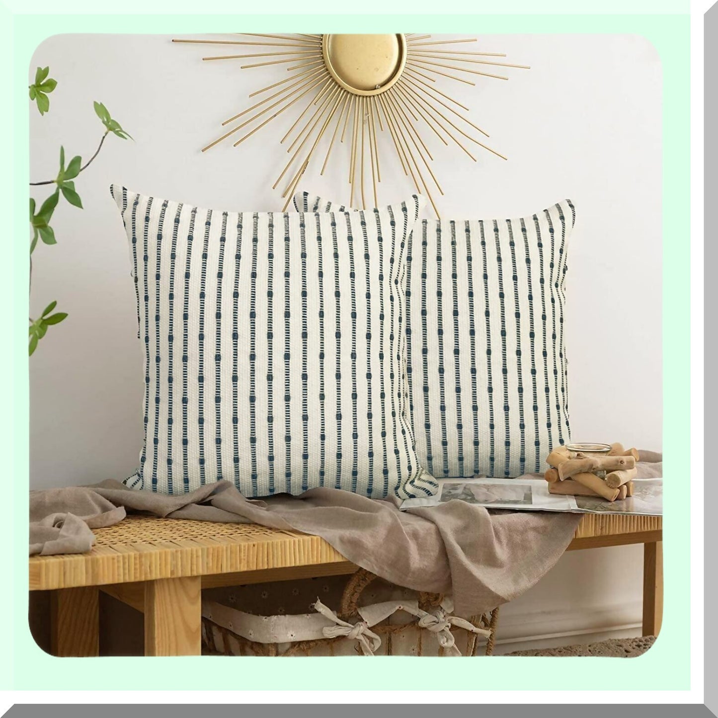 Sparkling Boho Farmhouse Pillow Covers - Set of 2 Grey Blue Striped Woven Decorative 18x18 Inch Square Cushion Cases for Couch Sofa Bedroom Living Room