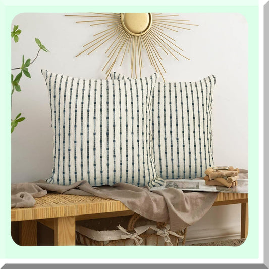 Sparkling Boho Farmhouse Pillow Covers - Set of 2 Grey Blue Striped Woven Decorative 18x18 Inch Square Cushion Cases for Couch Sofa Bedroom Living Room
