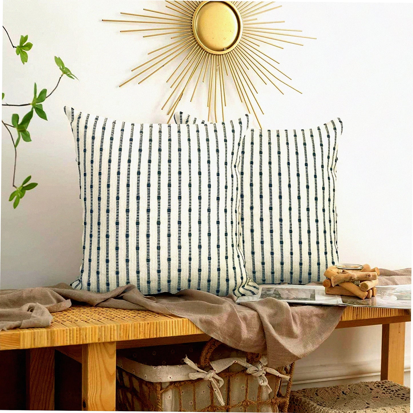 Sparkling Boho Farmhouse Pillow Covers - Set of 2 Grey Blue Striped Woven Decorative 18x18 Inch Square Cushion Cases for Couch Sofa Bedroom Living Room