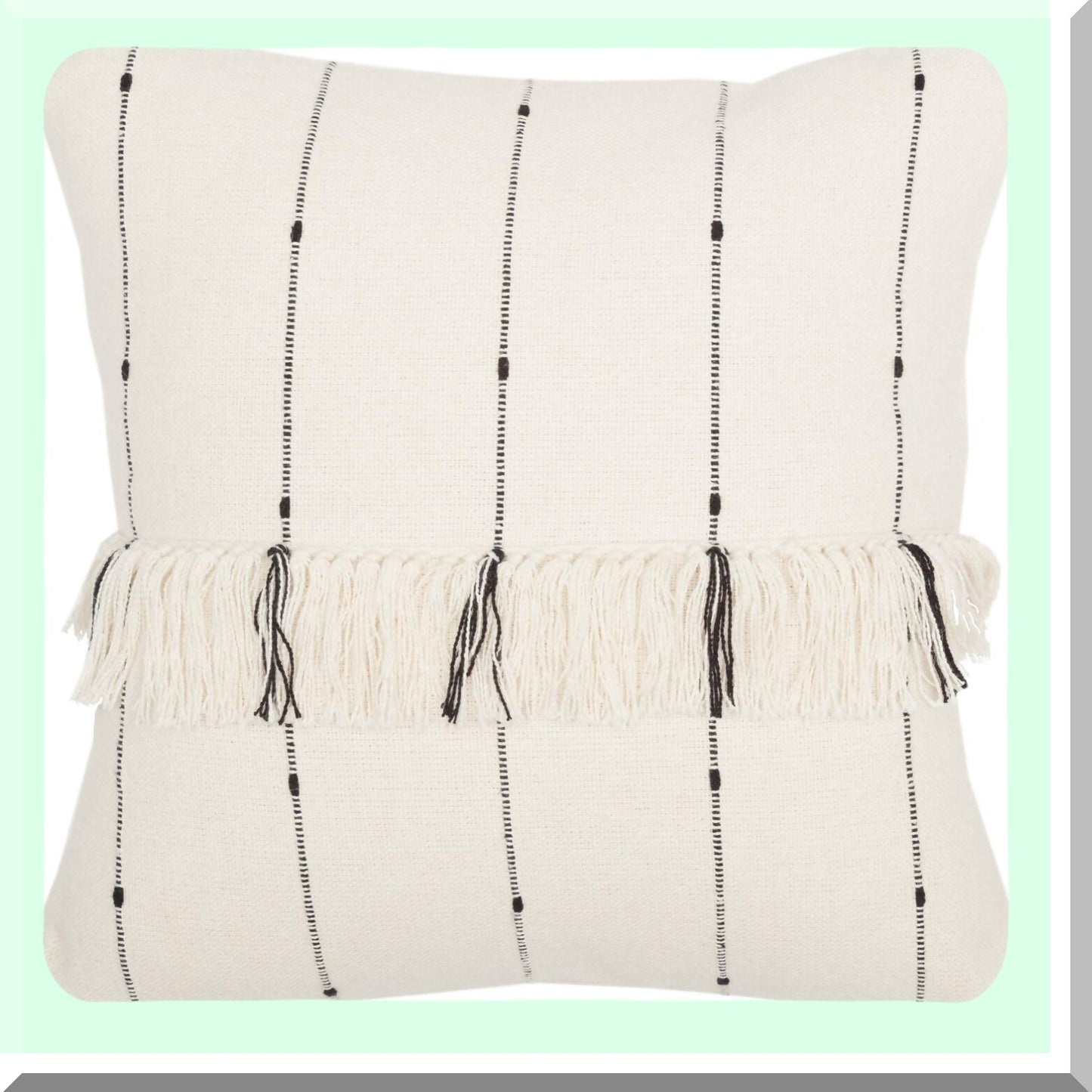 Rustic Boho Farmhouse Fringe Pillow - Cream Black Stripe - Urban Chic 20x20 - Natural Farmcloth Cover