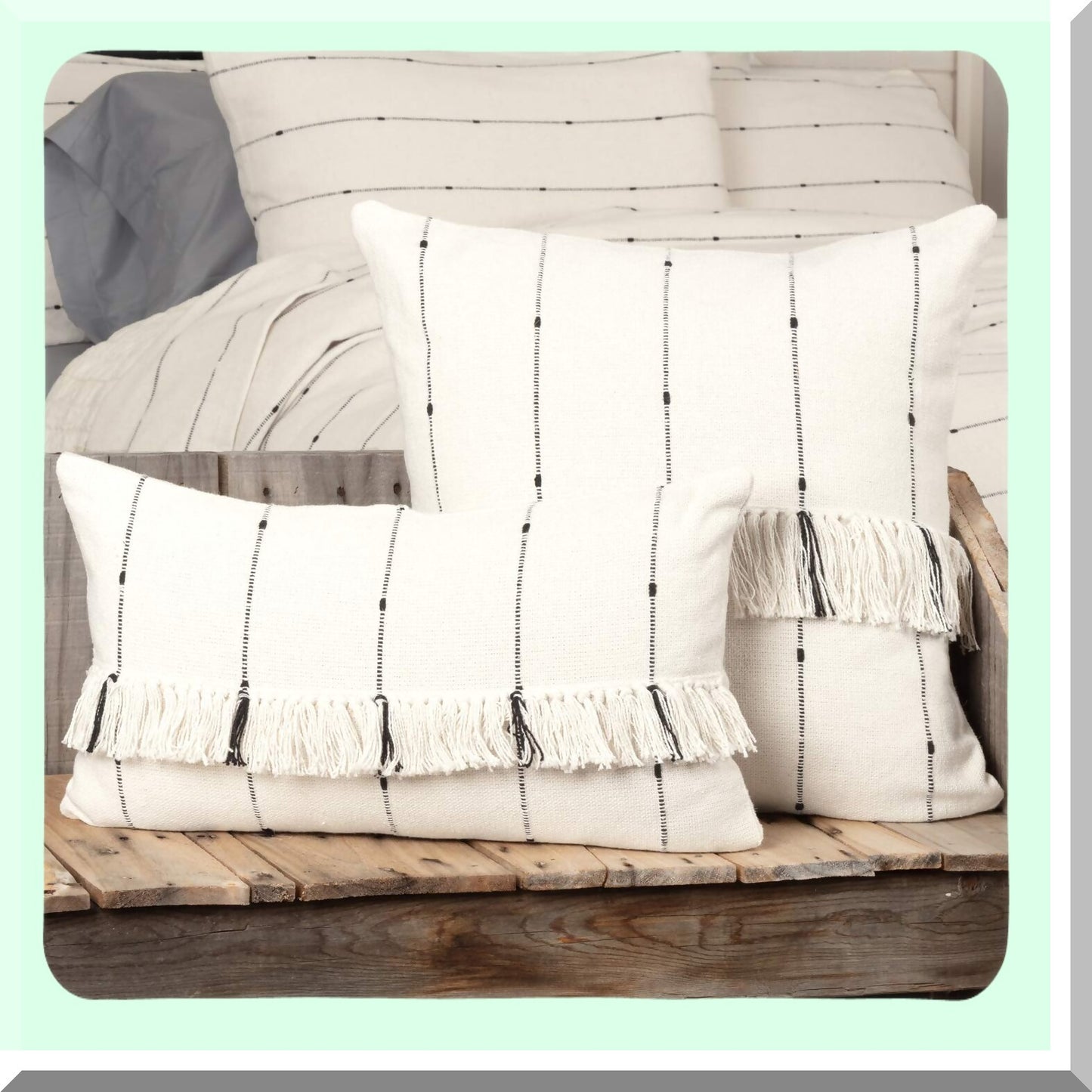 Rustic Boho Farmhouse Fringe Pillow - Cream Black Stripe - Urban Chic 20x20 - Natural Farmcloth Cover
