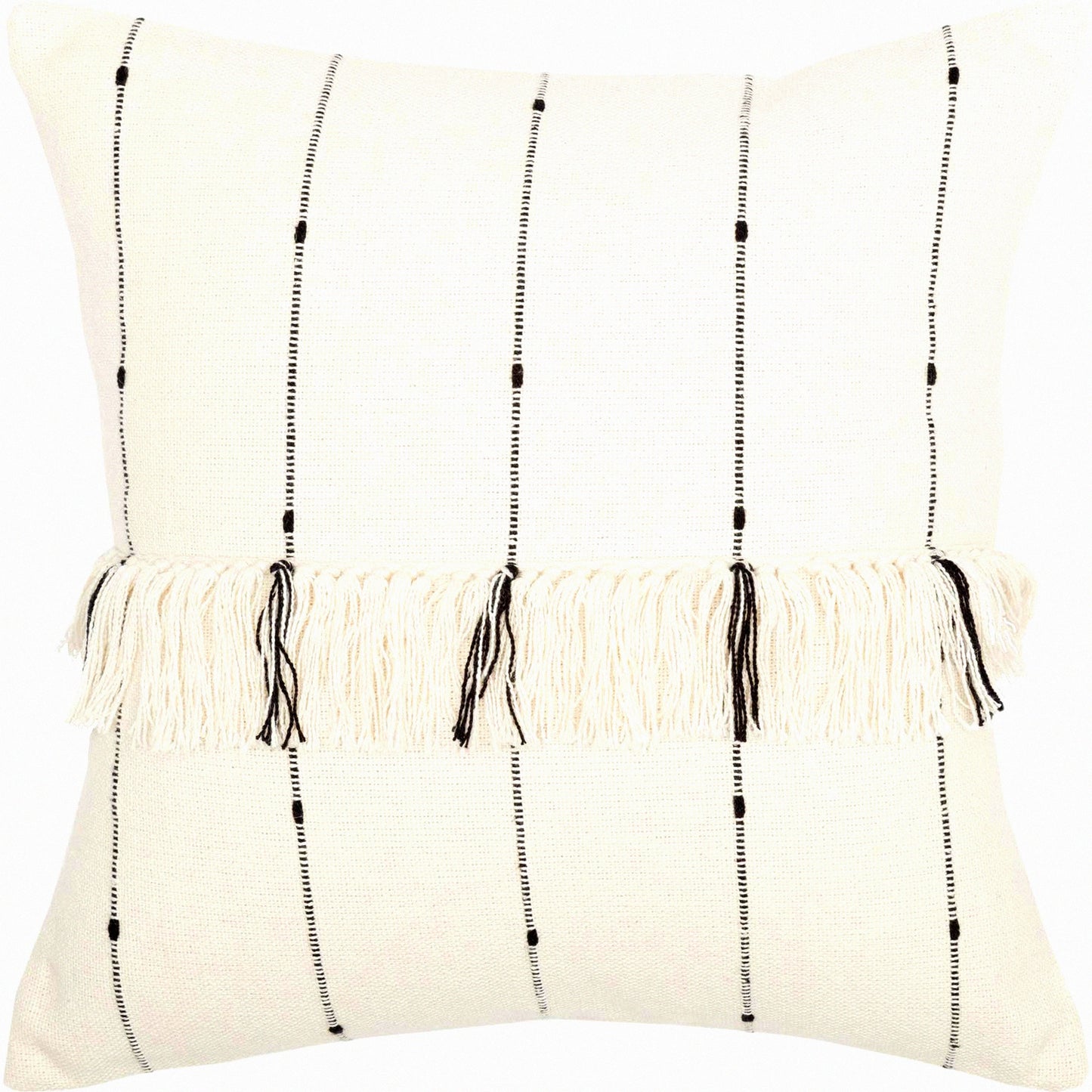 Rustic Boho Farmhouse Fringe Pillow - Cream Black Stripe - Urban Chic 20x20 - Natural Farmcloth Cover